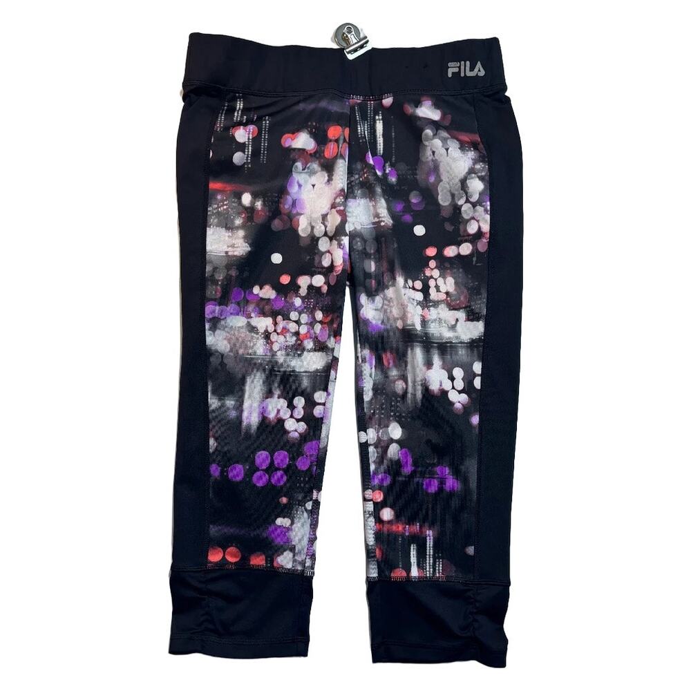 FILA Women’s Capri Leggings Black Purple Abstract Print Athletic Pants Size L
